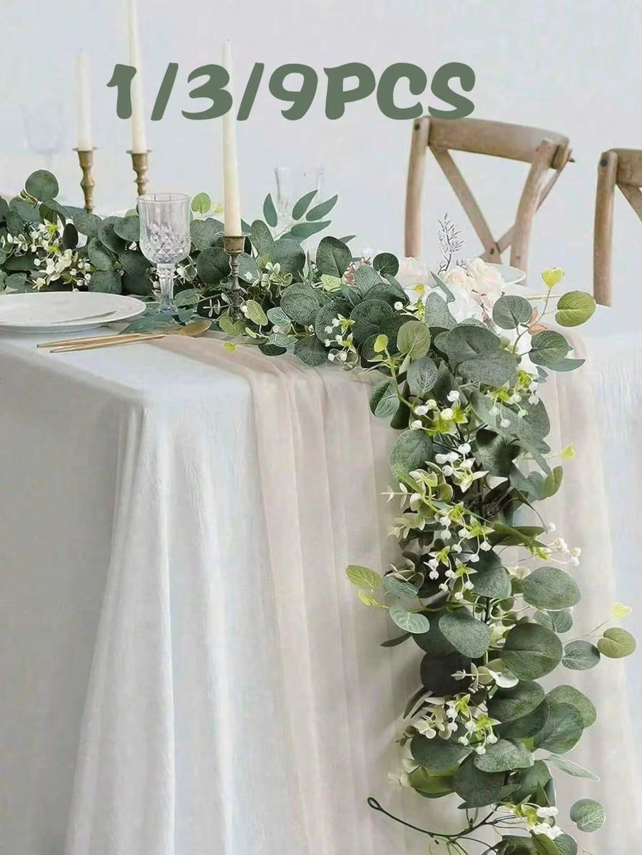 CHIGO 9/5/3/1pc Artificial Eucalyptus Vine Greenery Table Flower, Realistic With White Flowers Fake Vine For Wedding Party Decoration, Hanging Greenery Wall Decor, Mother's Day Party Decoration, Outdoor And Indoor Wall Decoration